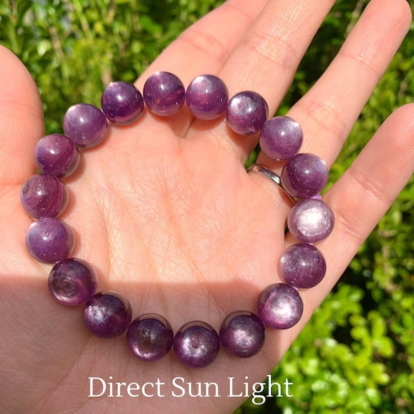 Magnifique lépidolite violette, 11 mm, véritable lépidolite, beau recto-verso et flash puissant, bracelet, AAAAA, guérison, tranquillité, équilibre