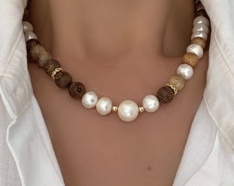 Australian Sandalwood with Freshwater Ringed pearl Necklace, Beautiful necklace, Elegant, Special, Gift