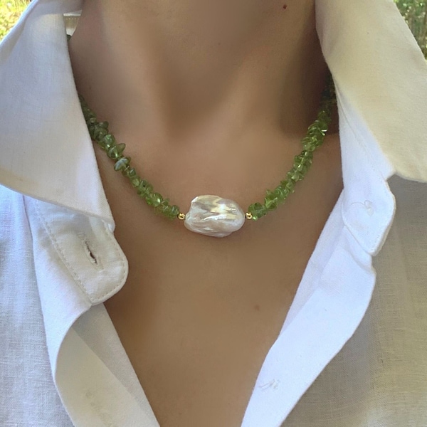 Peridot and Baroque Pearl Necklace, Green necklace, Genuine natural irregular shaped Peridot, beautiful necklace, gift