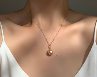 Genuine Golden South Sea Pearl Pendant Necklace, Champagne Gold Color, Detachable Pendant, 11 X 13.2 MM,  14K solid gold