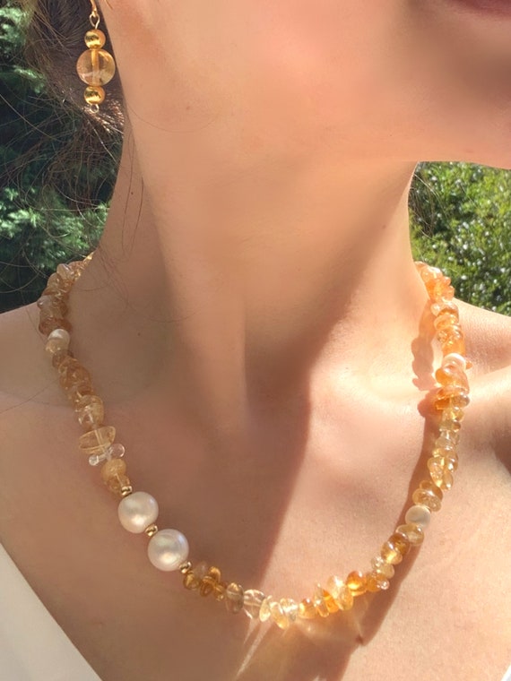 Collier Perles D’eau Douce Baroques Et Citrine – Argent 925 – Neuf Avec étiquettes
