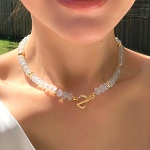 Beautiful white opal choker, sparkling necklace, genuine white opal, gold filled beads, gift, October birth stone