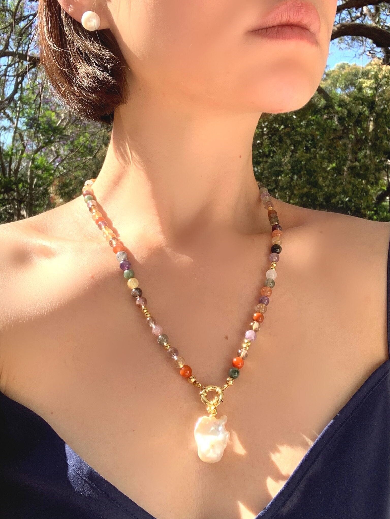 Collier De Perles En Quartz Avec Rutile - Longueur 40 Cm - Transparent - Sans Marque