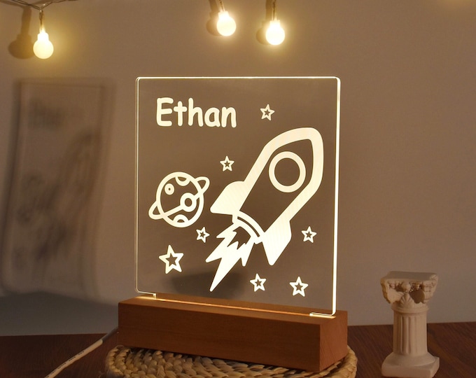Personalized Rocket Night Light, Personalised Rocket Spaceship LED Night Light, Space Themed Decor, Boys Nursery Decor, Lamp for Kids Room