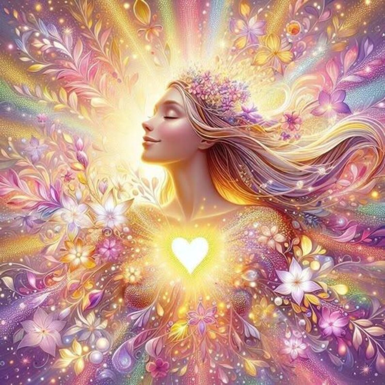 Puede incluir: Una ilustraci&oacute;n digital de una persona de perfil con los ojos cerrados, adornada con una corona floral. Un coraz&oacute;n blanco brillante resplandece en el centro del pecho, rodeado por una vibrante explosi&oacute;n multicolor de flores y rayos de luz.