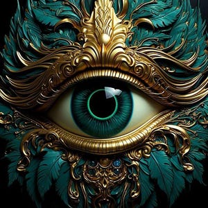 May include: A decorative wall ornament featuring a central human eye with a teal iris, surrounded by intricate gold filigree metalwork and layered teal feather-like foliage elements. The design is symmetrical, ornate, and set against a black background.