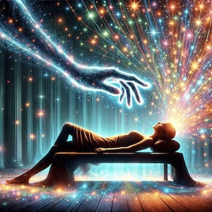 May include: A woman lies on a bench with her eyes closed, bathed in a bright light emanating from above. A large, glowing hand reaches down from the sky, surrounded by a burst of colourful stars.
