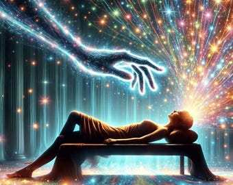 May include: A figure lies horizontally on a dark bench, with a radiant burst of multicolored light emanating from their head. Above, a large, translucent, glowing hand reaches down, surrounded by shimmering particles and streaks of light.