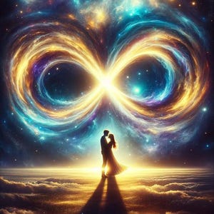 Puede incluir: Una silueta de dos figuras de pie juntas en un horizonte cubierto de nubes bajo una nebulosa dorada y azul brillante con forma de s&iacute;mbolo de infinito, sobre un cielo c&oacute;smico oscuro y estrellado con luz brillante desde el centro.