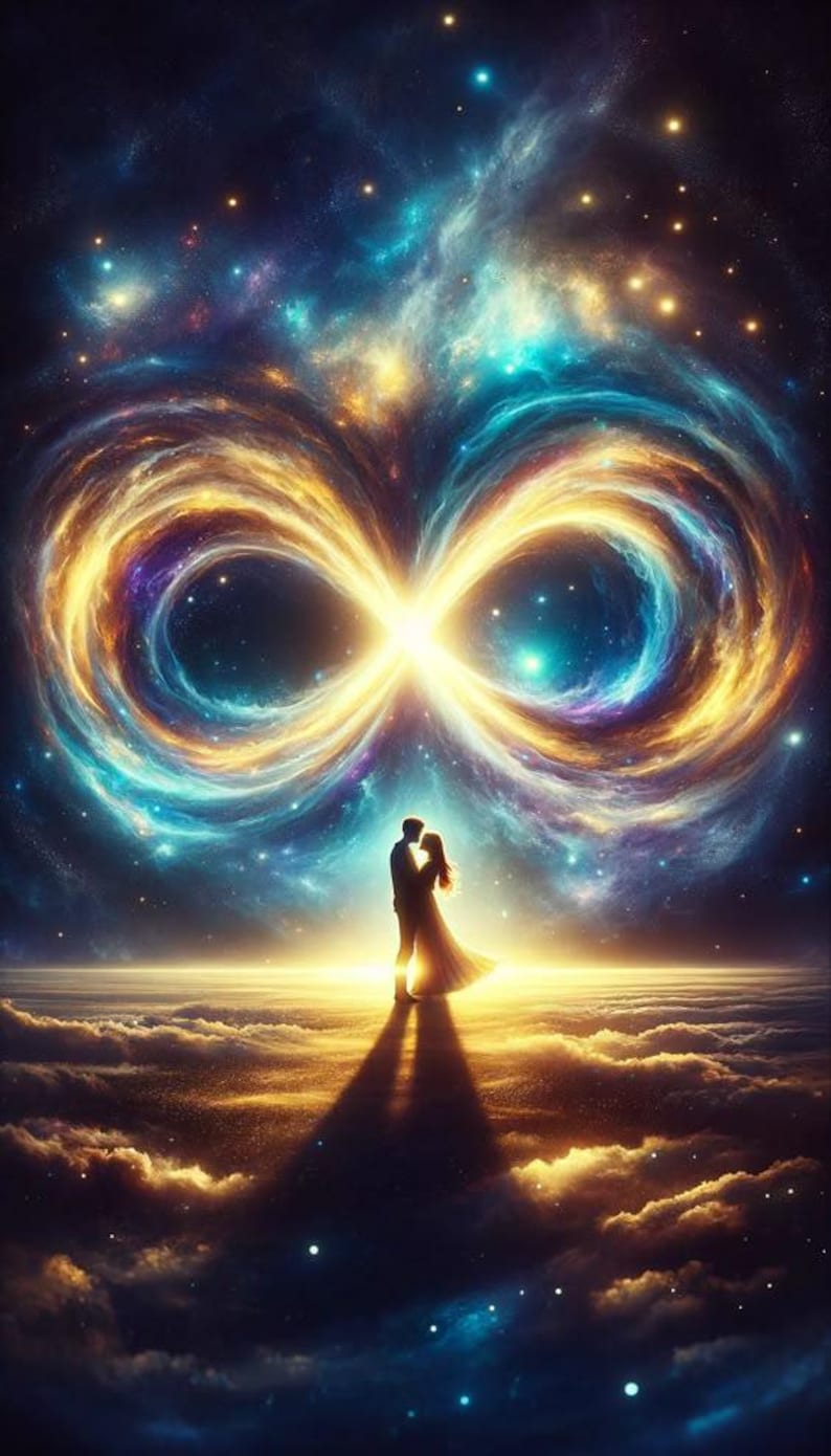 Puede incluir: Una silueta de dos figuras de pie juntas en un horizonte cubierto de nubes bajo una nebulosa dorada y azul brillante con forma de s&iacute;mbolo de infinito, sobre un cielo c&oacute;smico oscuro y estrellado con luz brillante desde el centro.