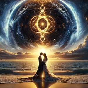 Puede incluir: Una ilustraci&oacute;n digital de dos figuras de pie en una playa al atardecer, frente a frente. Sobre ellas, un gran s&iacute;mbolo dorado brillante flota en un cielo c&oacute;smico azul oscuro lleno de estrellas, reflej&aacute;ndose en la arena mojada.