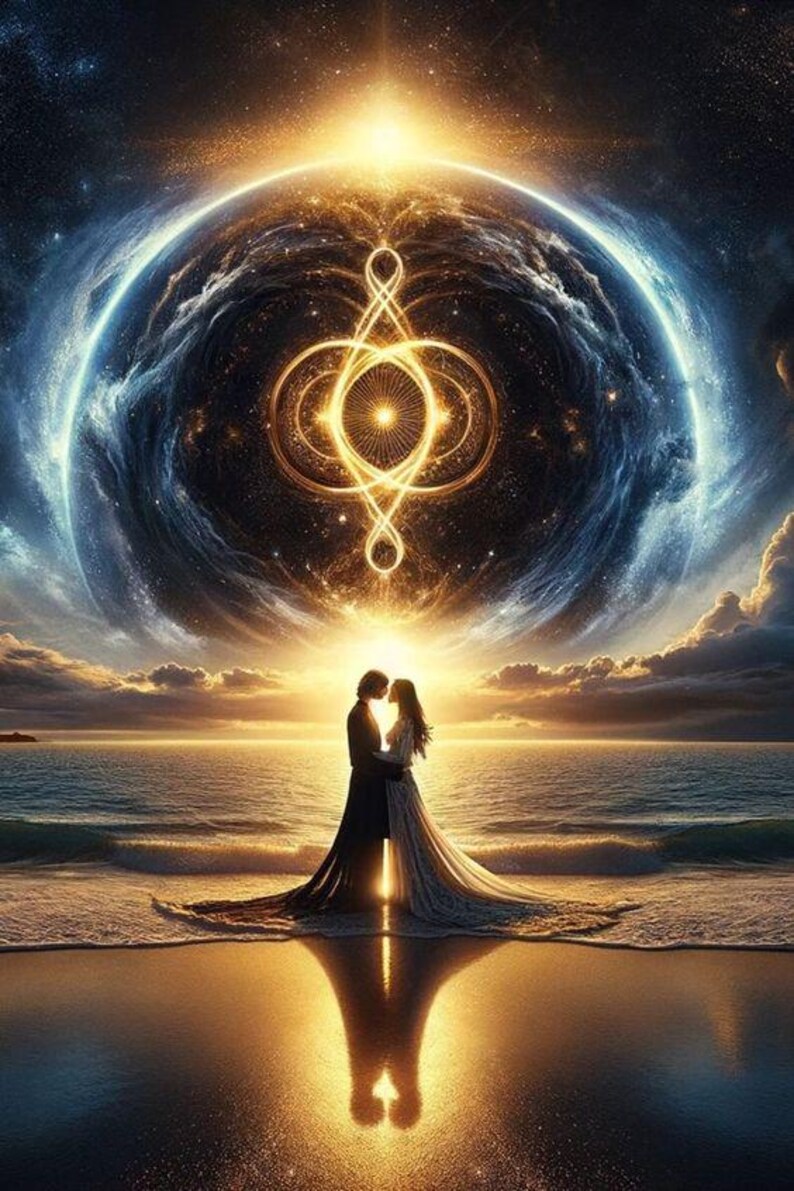 Puede incluir: Una ilustraci&oacute;n digital de dos figuras de pie en una playa al atardecer, frente a frente. Sobre ellas, un gran s&iacute;mbolo dorado brillante flota en un cielo c&oacute;smico azul oscuro lleno de estrellas, reflej&aacute;ndose en la arena mojada.