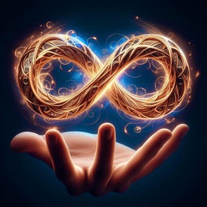 Puede incluir: Un s&iacute;mbolo de infinito brillante y complejo hecho de filigrana de oro met&aacute;lico, con patrones en espiral y part&iacute;culas de luz, suspendido sobre una palma abierta contra un fondo azul oscuro con una sutil energ&iacute;a c&oacute;smica.