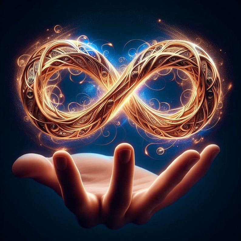 Puede incluir: Un s&iacute;mbolo de infinito brillante y complejo hecho de filigrana de oro met&aacute;lico, con patrones en espiral y part&iacute;culas de luz, suspendido sobre una palma abierta contra un fondo azul oscuro con una sutil energ&iacute;a c&oacute;smica.