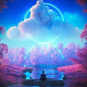 Peut inclure: Une personne m&eacute;dite assise sur un rocher dans un cadre forestier paisible. Le ciel est d'un bleu vibrant avec des cercles n&eacute;on brillants et des nuages roses. Une rivi&egrave;re traverse la sc&egrave;ne.