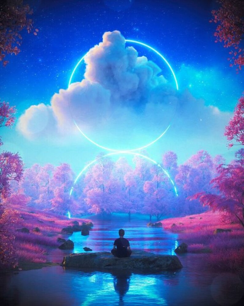 Peut inclure: Une personne m&eacute;dite assise sur un rocher dans un cadre forestier paisible. Le ciel est d'un bleu vibrant avec des cercles n&eacute;on brillants et des nuages roses. Une rivi&egrave;re traverse la sc&egrave;ne.