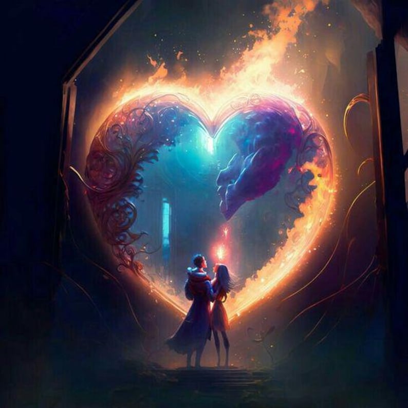 Puede incluir: Una ilustraci&oacute;n digital que muestra a dos figuras frente a un gran portal luminoso en forma de coraz&oacute;n. El coraz&oacute;n est&aacute; enmarcado por patrones intrincados y arremolinados, irradiando una luz naranja, azul y violeta vibrante.