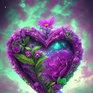 Puede incluir: Un marco en forma de coraz&oacute;n de color p&uacute;rpura intenso, adornado con racimos de peque&ntilde;as flores moradas y hojas verdes. El centro presenta un interior oscuro de inspiraci&oacute;n c&oacute;smica con una gran flor morada y un brillo nebuloso.