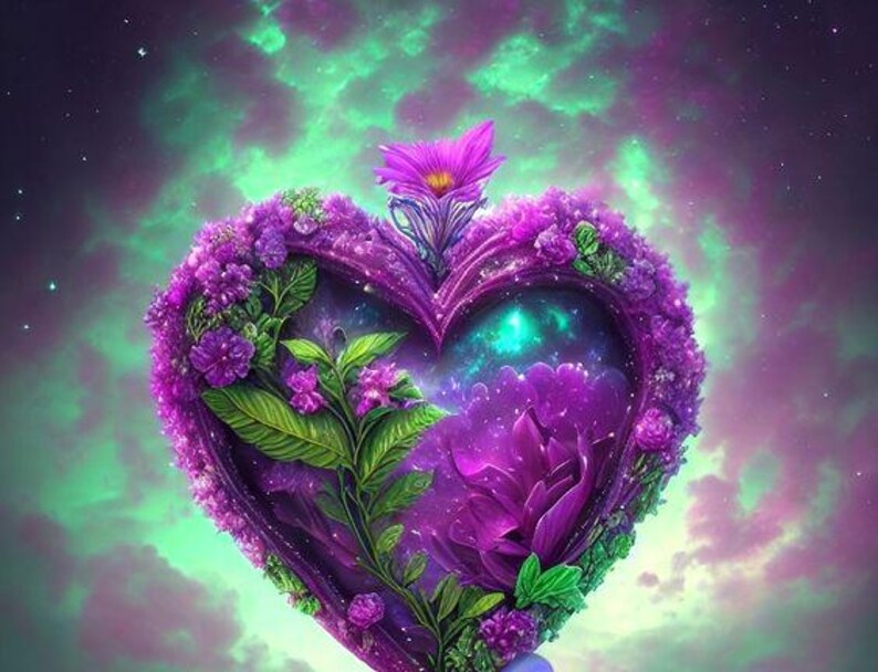 Puede incluir: Un marco en forma de coraz&oacute;n de color p&uacute;rpura intenso, adornado con racimos de peque&ntilde;as flores moradas y hojas verdes. El centro presenta un interior oscuro de inspiraci&oacute;n c&oacute;smica con una gran flor morada y un brillo nebuloso.