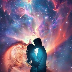 Puede incluir: Una silueta de dos figuras abraz&aacute;ndose y bes&aacute;ndose contra un fondo de nebulosa vibrante y colorido, lleno de nubes arremolinadas de polvo c&oacute;smico rosa, azul y naranja, iluminado por innumerables estrellas blancas en el espacio profundo.