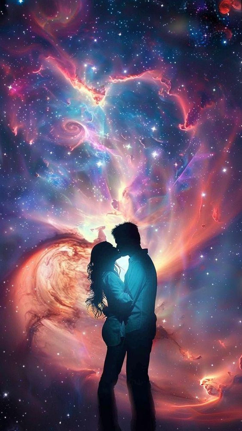 Puede incluir: Una silueta de dos figuras abraz&aacute;ndose y bes&aacute;ndose contra un fondo de nebulosa vibrante y colorido, lleno de nubes arremolinadas de polvo c&oacute;smico rosa, azul y naranja, iluminado por innumerables estrellas blancas en el espacio profundo.