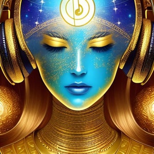 Peut inclure: Une illustration num&eacute;rique d'une personne &agrave; la peau bleue et aux accents dor&eacute;s portant un casque. La personne a les yeux ferm&eacute;s et une couronne dor&eacute;e au-dessus de sa t&ecirc;te. L'arri&egrave;re-plan est un motif bleu et or avec des notes de musique.