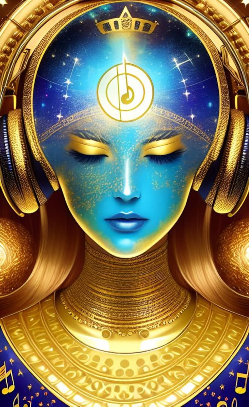 Peut inclure: Une illustration num&eacute;rique d'une personne &agrave; la peau bleue et aux accents dor&eacute;s portant un casque. La personne a les yeux ferm&eacute;s et une couronne dor&eacute;e au-dessus de sa t&ecirc;te. L'arri&egrave;re-plan est un motif bleu et or avec des notes de musique.
