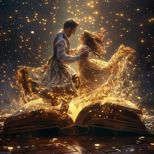 Puede incluir: Una pareja con vestimenta formal baila sobre un libro abierto de gran tama&ntilde;o. La escena est&aacute; llena de part&iacute;culas doradas brillantes y luz que emana de las p&aacute;ginas, creando una atm&oacute;sfera m&aacute;gica mientras las figuras giran en una pose din&aacute;mica.