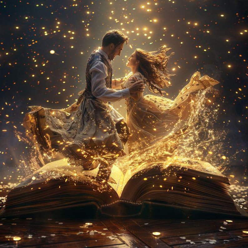 Puede incluir: Una pareja con vestimenta formal baila sobre un libro abierto de gran tama&ntilde;o. La escena est&aacute; llena de part&iacute;culas doradas brillantes y luz que emana de las p&aacute;ginas, creando una atm&oacute;sfera m&aacute;gica mientras las figuras giran en una pose din&aacute;mica.
