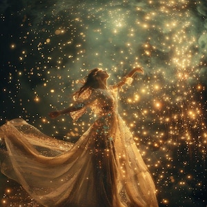 May include: A woman in a flowing, gold sequined gown stands with arms outstretched, surrounded by a sparkling, ethereal background of golden lights.