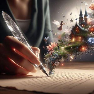 Puede incluir: Una punta de pluma estilogr&aacute;fica transparente con forma de pluma de ave descansa sobre papel pergamino. De la punta emerge una escena vibrante y detallada, con un castillo brillante, vegetaci&oacute;n, flores coloridas, figuras aladas y mariposas.