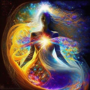 Puede incluir: Una obra de arte digital que representa una figura central con los ojos cerrados, irradiando una luz blanca brillante desde el &aacute;rea del pecho. La figura est&aacute; rodeada por nubes arremolinadas y vibrantes de energ&iacute;a c&oacute;smica amarilla, naranja, azul y morada.