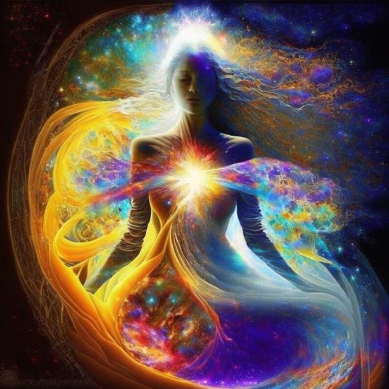 Puede incluir: Una obra de arte digital que representa una figura central con los ojos cerrados, irradiando una luz blanca brillante desde el &aacute;rea del pecho. La figura est&aacute; rodeada por nubes arremolinadas y vibrantes de energ&iacute;a c&oacute;smica amarilla, naranja, azul y morada.