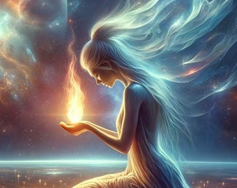 May include: Digital art depicting a celestial scene. A figure with flowing white hair and a flowing gown kneels, holding a flame in their hands. The background features a nebula and a starry sky, with a reflective surface below.