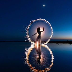 以下が含まれることがあります： 水面に立つ人物のシルエット。輝く光の輪で囲まれています。長いドレスを着ています。三日月のある濃い青色の空を背景に、水面に光が映っています。