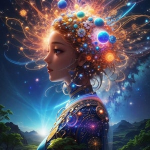 May include: Digital art of a woman in profile, adorned with celestial elements. Her hair is a cascade of stars, planets, and glowing energy. She wears a blue and gold garment, set against a cosmic backdrop of nebulae and mountains.