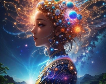 May include: Digital art of a woman in profile, adorned with celestial elements. Her hair is a cascade of stars, planets, and glowing energy. She wears a blue and gold garment, set against a cosmic backdrop of nebulae and mountains.