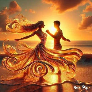 Puede incluir: Una ilustraci&oacute;n digital de dos figuras bailando en una playa al atardecer. Una figura lleva un vestido largo y fluido con patrones dorados en espiral que se mezclan con las olas del mar. La otra figura est&aacute; cerca. El nombre Rita es visible.