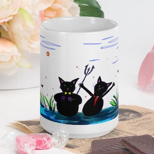 HandPainted Funny Cats on The Beach, White Coffee Mug, Ceramic Mug, Perfect Gift for Cats Lovers