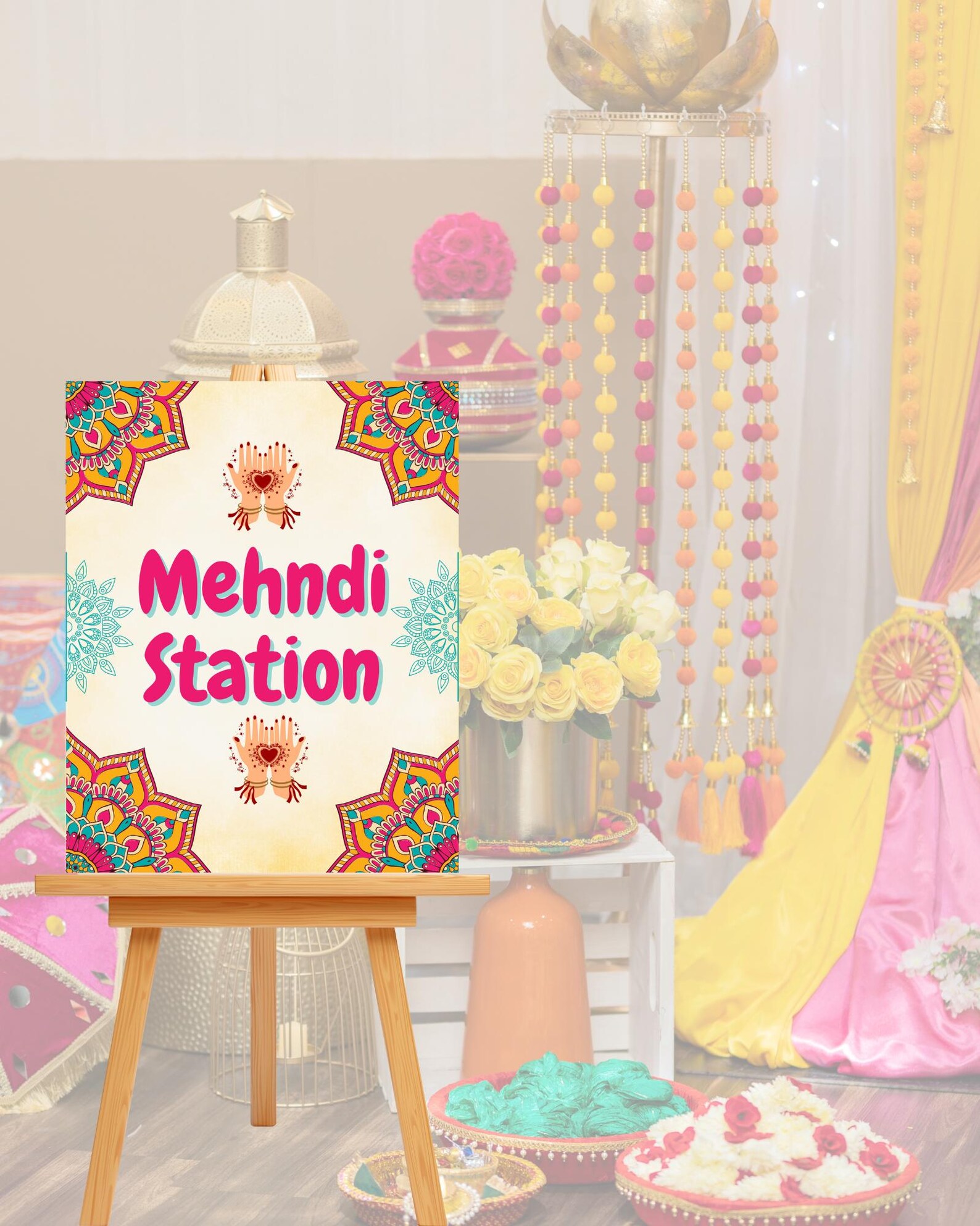 Mehandi Station Editable Mehndi Station Sign | Henna Hands, Sangeet Decor (canva ...