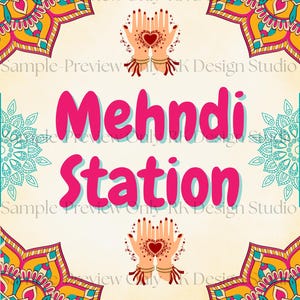 Bearbeitbare Mehndi Station Sign Canva Vorlage | 8x10 ”Henna-Zeichen | Sangeet, Südasiatische Hochzeit, Diwali, Eid Event Dekor