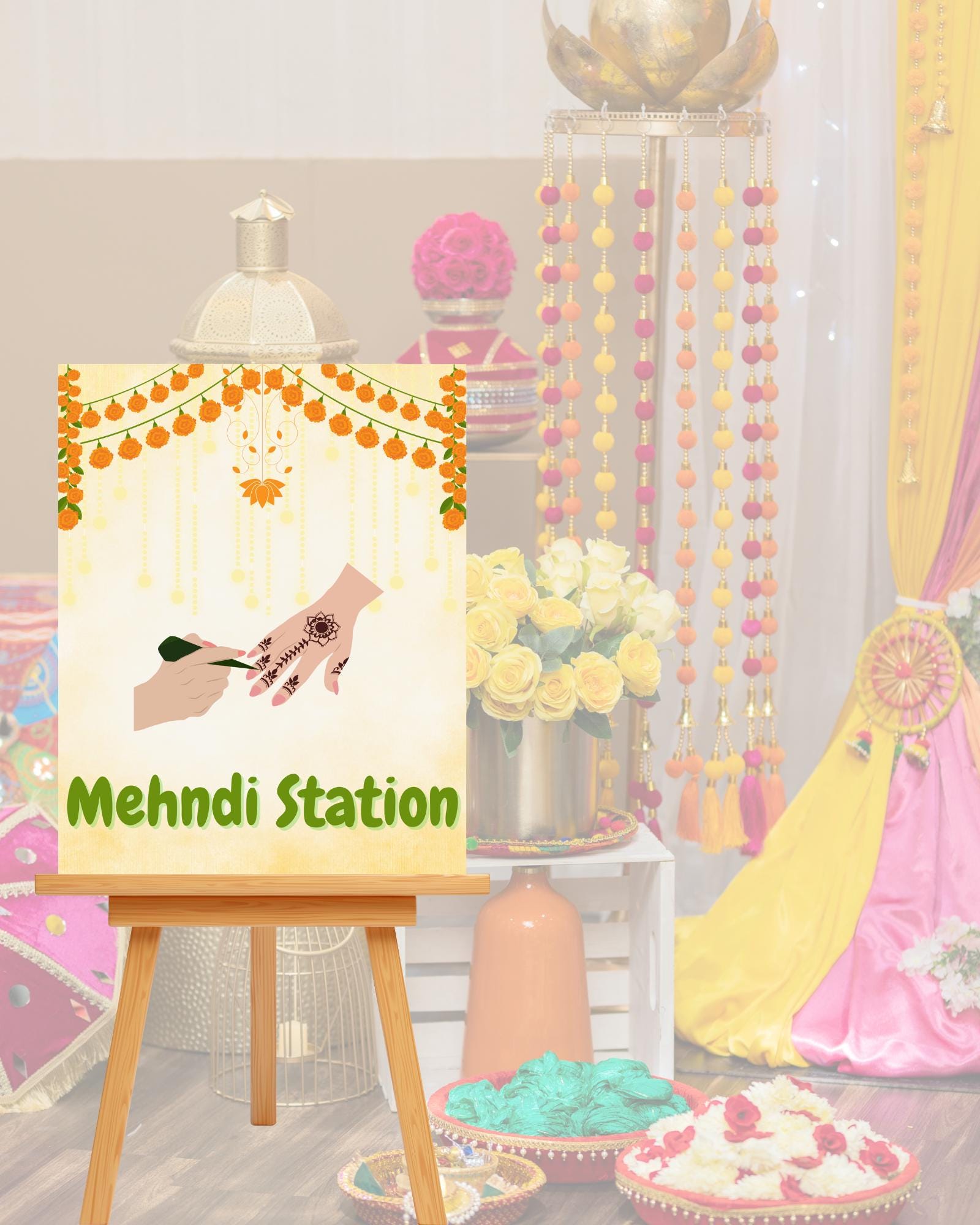 Mehandi Station Mehndi Station Sign | Editable Canva Template for South Asian Wedding ...