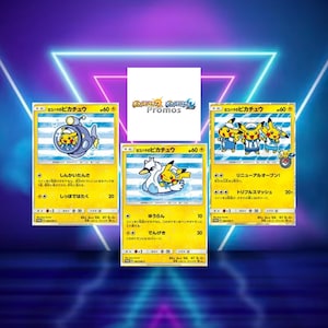 May include: Three Pokemon trading cards featuring Pikachu. The cards have Japanese text and illustrations of Pikachu in various poses, including one in a submarine and another with a swan. The cards are set against a neon background.