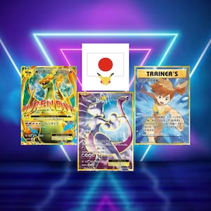 May include: Three Pokémon trading cards are displayed against a neon background. The cards feature Charizard, Mewtwo, and Misty. A Japanese flag with a Pikachu is also present. The Charizard card has gold accents and the text "HP220".