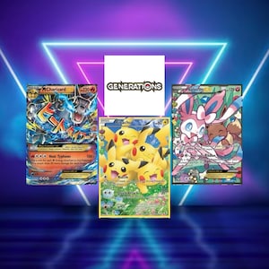 May include: Three Pokémon trading cards featuring Charizard, Pikachu, and Sylveon. The Charizard card has a blue and orange design, the Pikachu card features multiple yellow Pikachus, and the Sylveon card has a pink and white design. The word "GENERATIONS" is in the center.