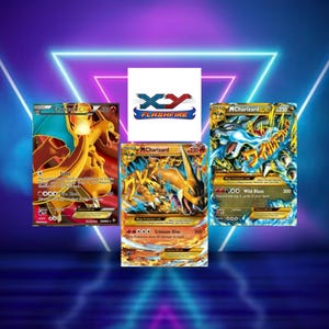 May include: Three Pokémon trading cards featuring Charizard. The cards have a fiery orange and yellow color scheme with the text "XY FLASHFIRE" in the center. The cards are set against a neon purple and blue background.