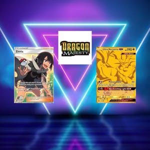 May include: Two Pokémon trading cards and a logo against a neon background. One card features Zinnia, the other Ultra Necrozma GX. The logo reads "Dragon Majesty".
