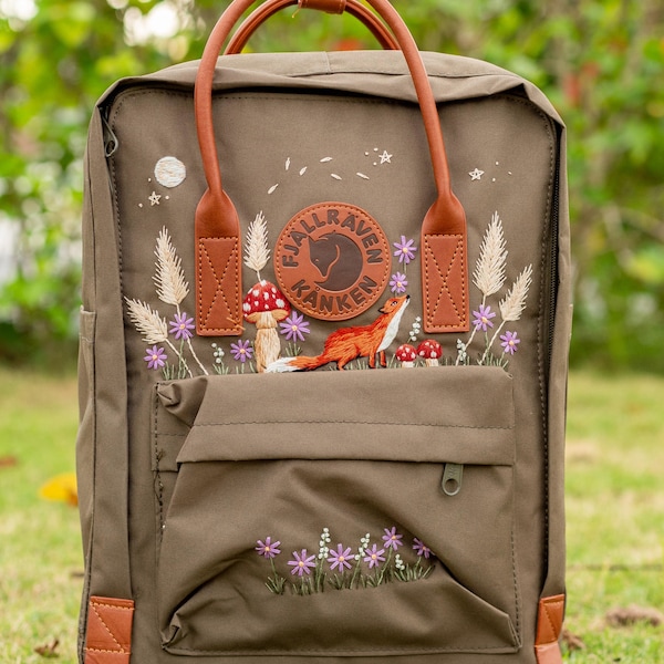 Fox Fjallraven Kanken-rugzak, handgeborduurde paddenstoelrugzak