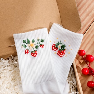 Strawberry Embroidered Socks Custom, Personalized Socks Embroidery Flower, Strawberry Embroidery Socks for Women, Strawberry Gift for Her