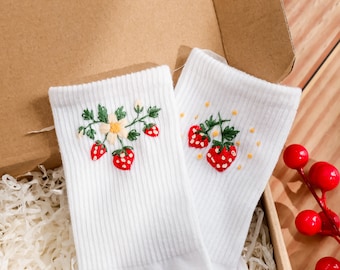 Strawberry Embroidered Socks Custom, Personalized Socks Embroidery Flower, Strawberry Embroidery Socks for Women, Strawberry Gift for Her